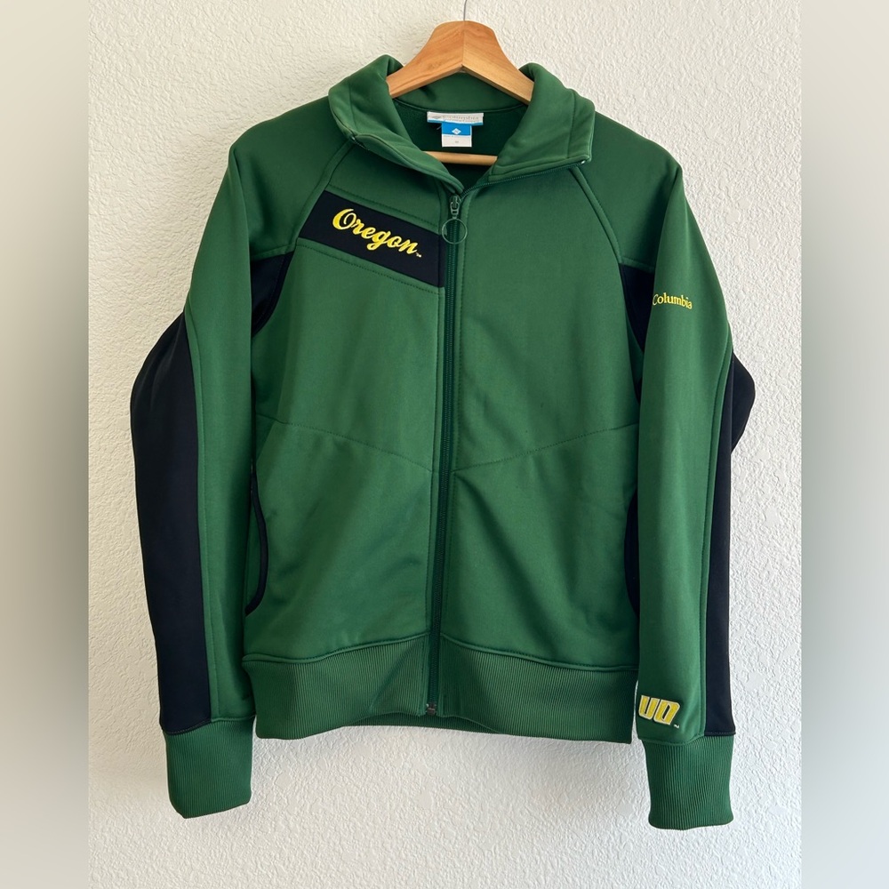 COLUMBIA Size M OREGON DUCKS Full Zip DARK GREEN Jacket STAND UP COLLAR